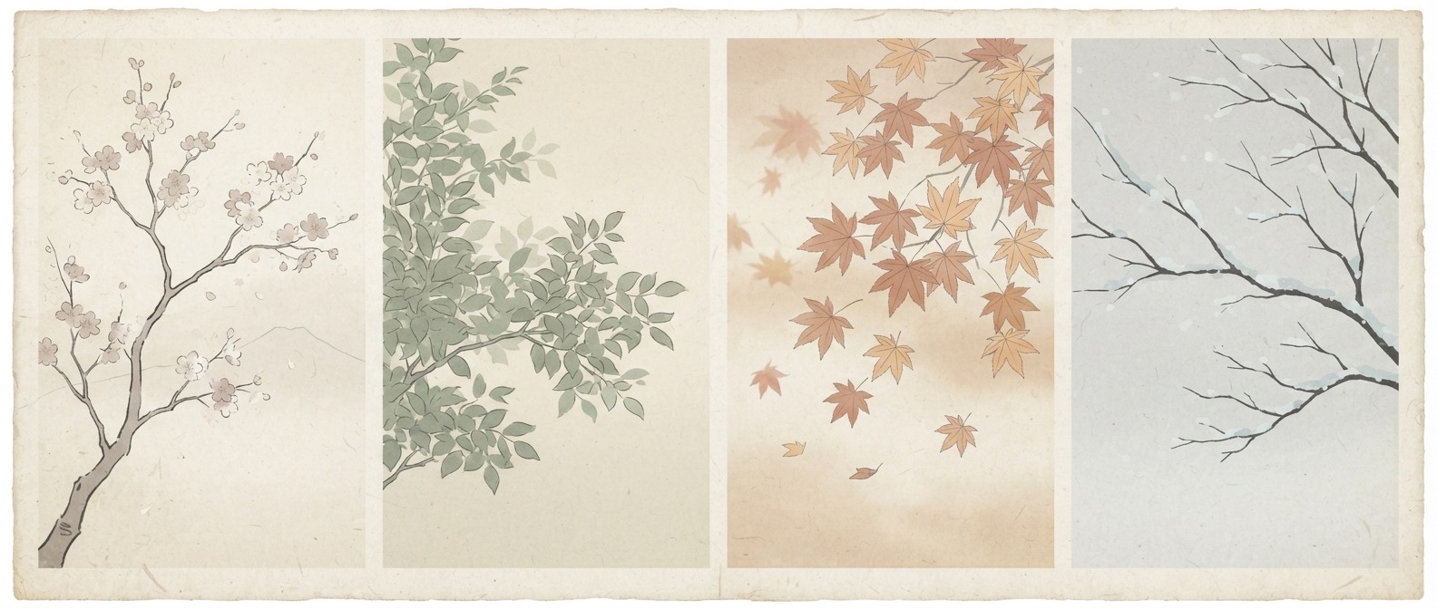 桜・若葉・紅葉・雪の枝を描いた、四季の挿絵